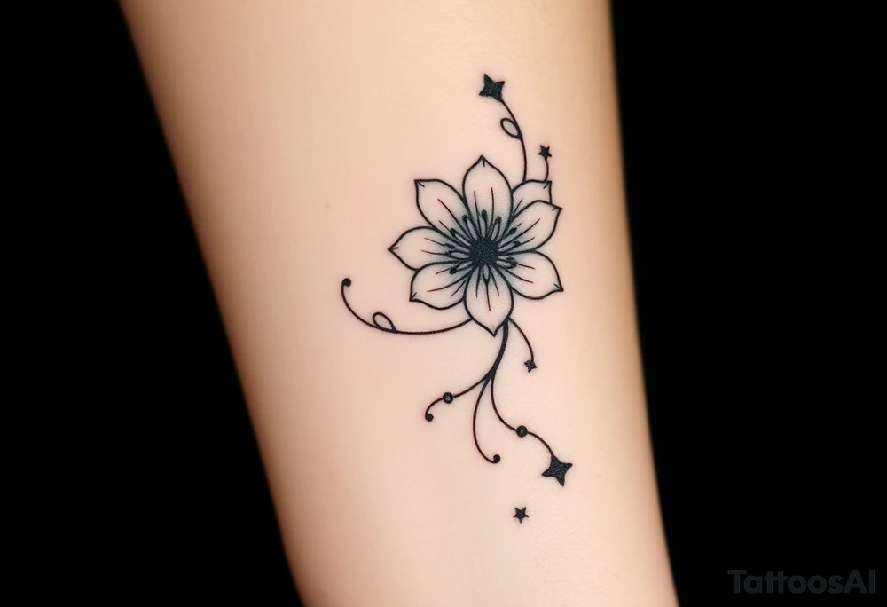 I want it on my wrist. I want a beautiful flower on the inside of my wrist with tendrils down the inside of my arm with little delicate stars or motes and the name Zoey

Why are you showing it on a back? I want it on the inside of my wrist

I want it to be a little smaller. I want the lines to be super fine. I want more organic delicate tendrils. The name Zoey should be about 3" up on the inside of my arm 

Ok now more stars. I just want the tnedrils to look more natural and flowy and graceful tattoo idea
