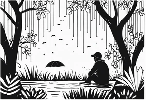 person under rain in garden tattoo idea