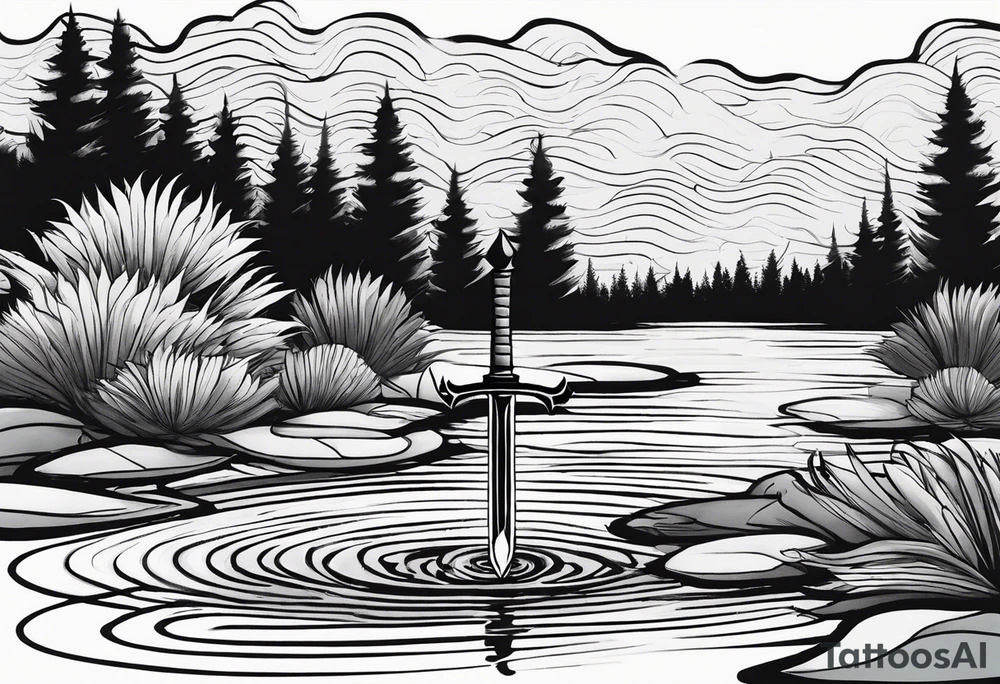 a sword with the idea of tranquility. THat has ripples resembling a pond. Brush strokes surrounding it. tattoo idea