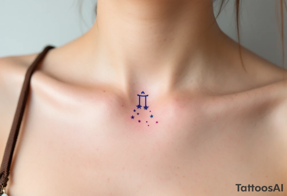 A tiny pink Libra symbol floats above a gradient Libra stars constellation fading from teal to violet placed under collarbone. tattoo idea