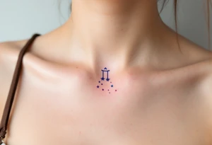 A tiny pink Libra symbol floats above a gradient Libra stars constellation fading from teal to violet placed under collarbone. tattoo idea