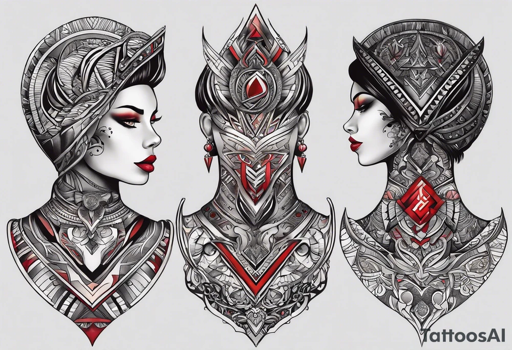 Visualize an (((extremely detailed and advanced tattoo design))), where the name 'LA' stands out in a (((distinctively shaped neck))), adorned with intricate ((colored red and black) lining that creates a (((subtle yet striking visual contrast))) against the (softly glowing, matte skin) for men tattoo idea