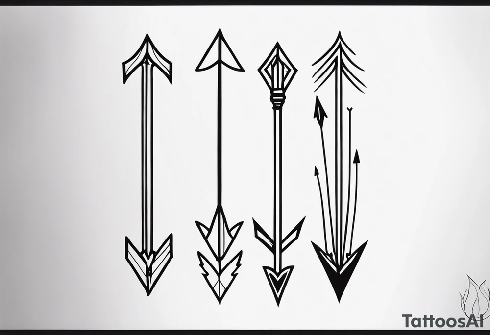 three minimalistic parallel medieval arrows.
two arrows broken. arrows need to have a flight at one end and a head at the other

arrows represent my auntie who died at 62, myself, and my son who died at 6 months old tattoo idea