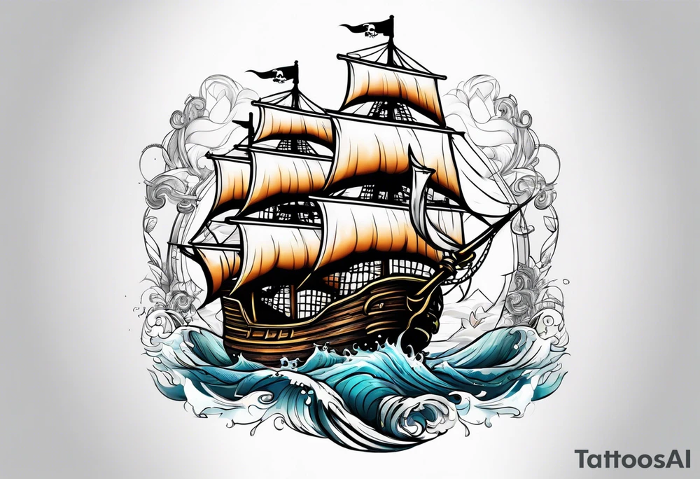Pirate ship win water with castle next to it tattoo idea
