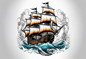 Pirate ship win water with castle next to it tattoo idea