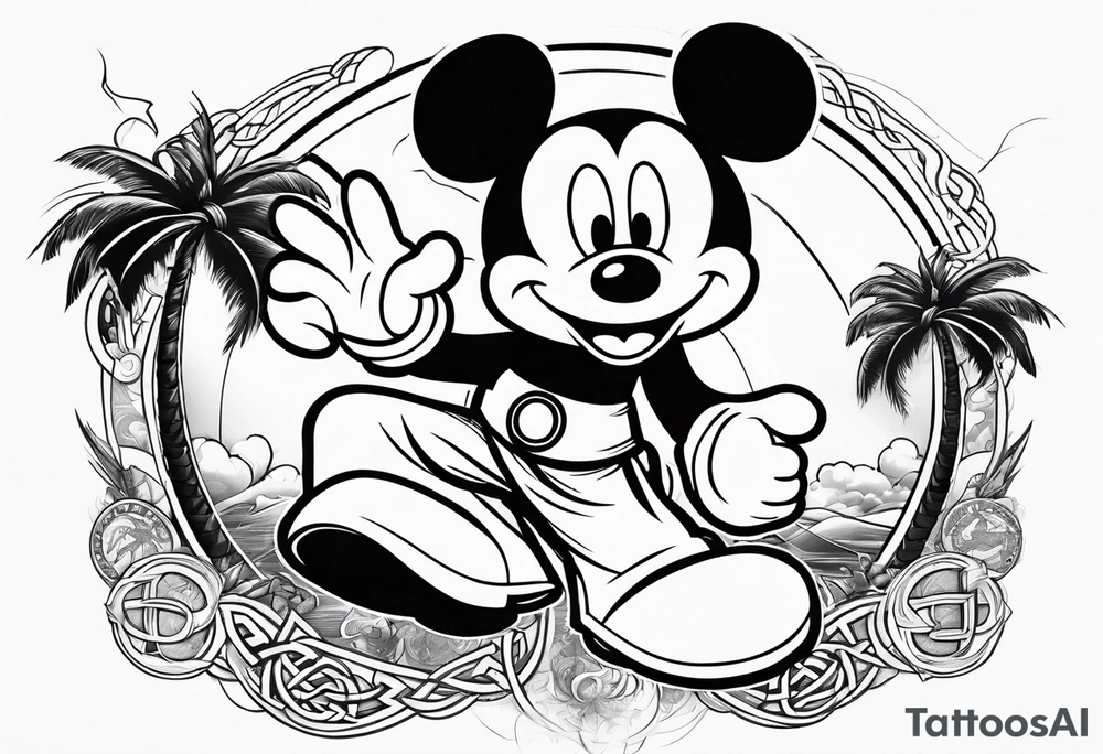 mickey mouse doing martial arts with palm trees, lightning and the celtic symbol for family tattoo idea