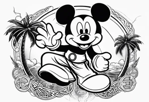 mickey mouse doing martial arts with palm trees, lightning and the celtic symbol for family tattoo idea