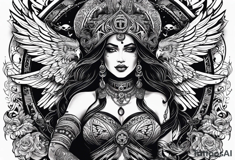 black kali, goddess pirate, pachamama, valkrye, warrior, skull, lotus azul, wing, eagle, zenza resonance, stars, one side chest tattoo idea