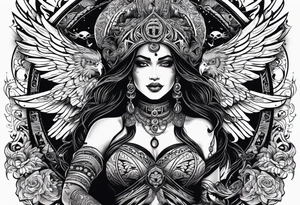 black kali, goddess pirate, pachamama, valkrye, warrior, skull, lotus azul, wing, eagle, zenza resonance, stars, one side chest tattoo idea