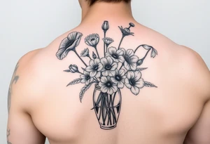 poppy, gladiolus, holly, narcissistic, daisy, and sweet pea in a vase tattoo idea