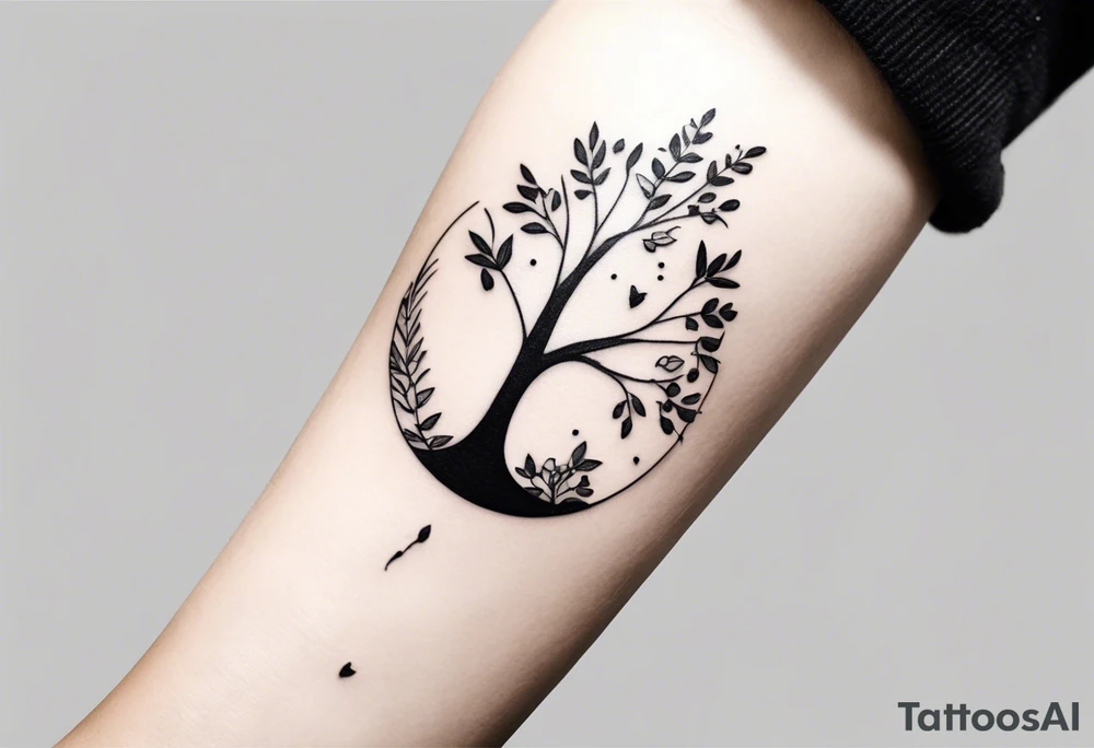 small feminine minimalist tattoo of tree with leafs and flower on wrist tattoo idea