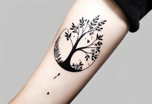 small feminine minimalist tattoo of tree with leafs and flower on wrist tattoo idea