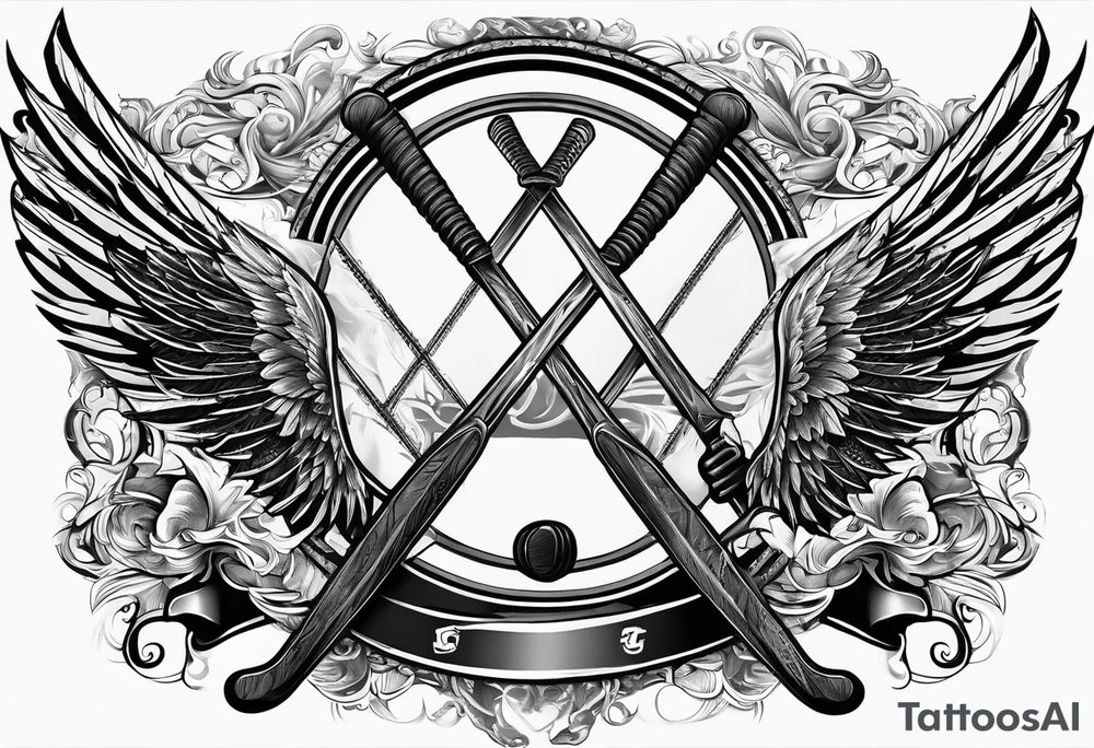 Hockey sticks crossing with 39 in the middle and angel wing around it tattoo idea