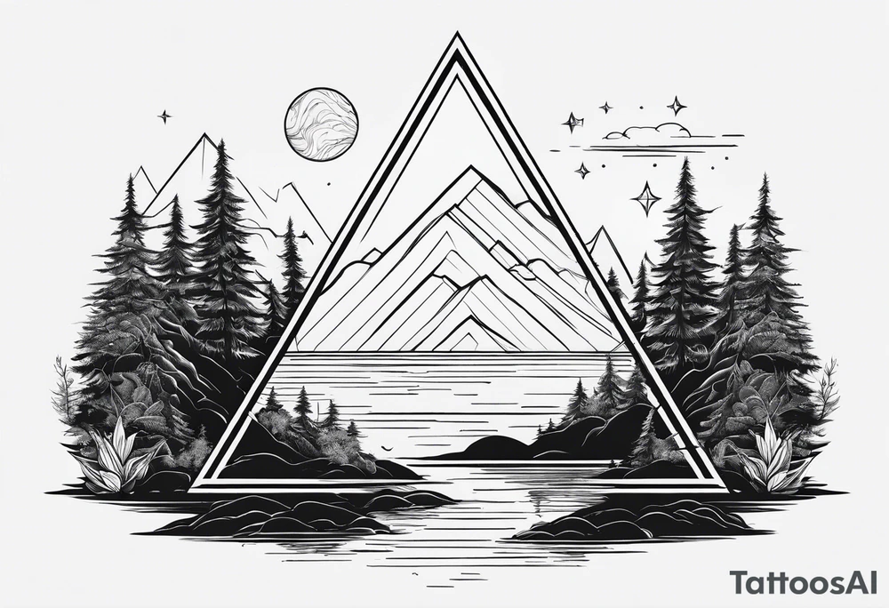 simple thick line art of space and nature in triangle shape tattoo idea