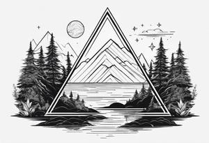 simple thick line art of space and nature in triangle shape tattoo idea