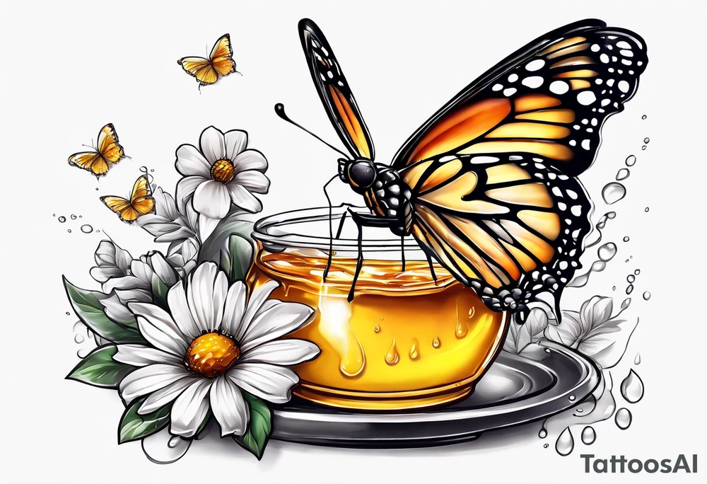 A beautiful butterfly over a pot of honey with drips of honey around the rim tattoo idea