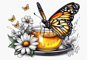 A beautiful butterfly over a pot of honey with drips of honey around the rim tattoo idea