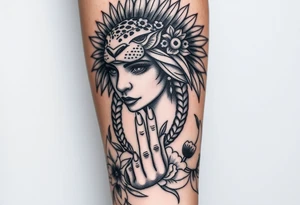 powerful beautiful women warrior with jaguar headdress surrounded by flowers and with a guiding hand tattoo idea