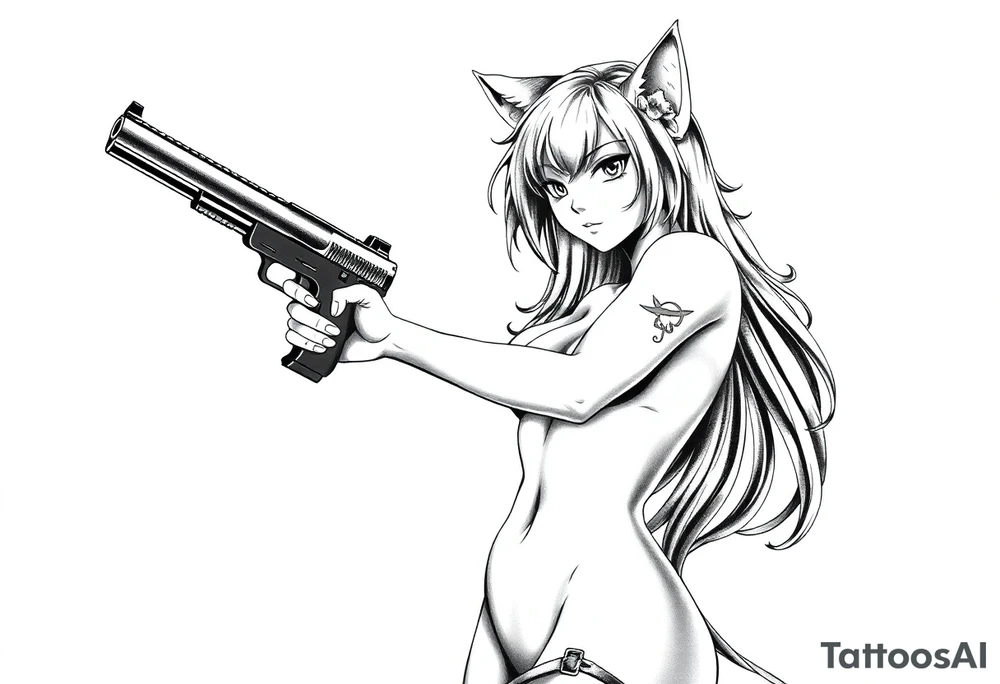 naked catgirl, slut, anime, holding gun, black tattoo idea