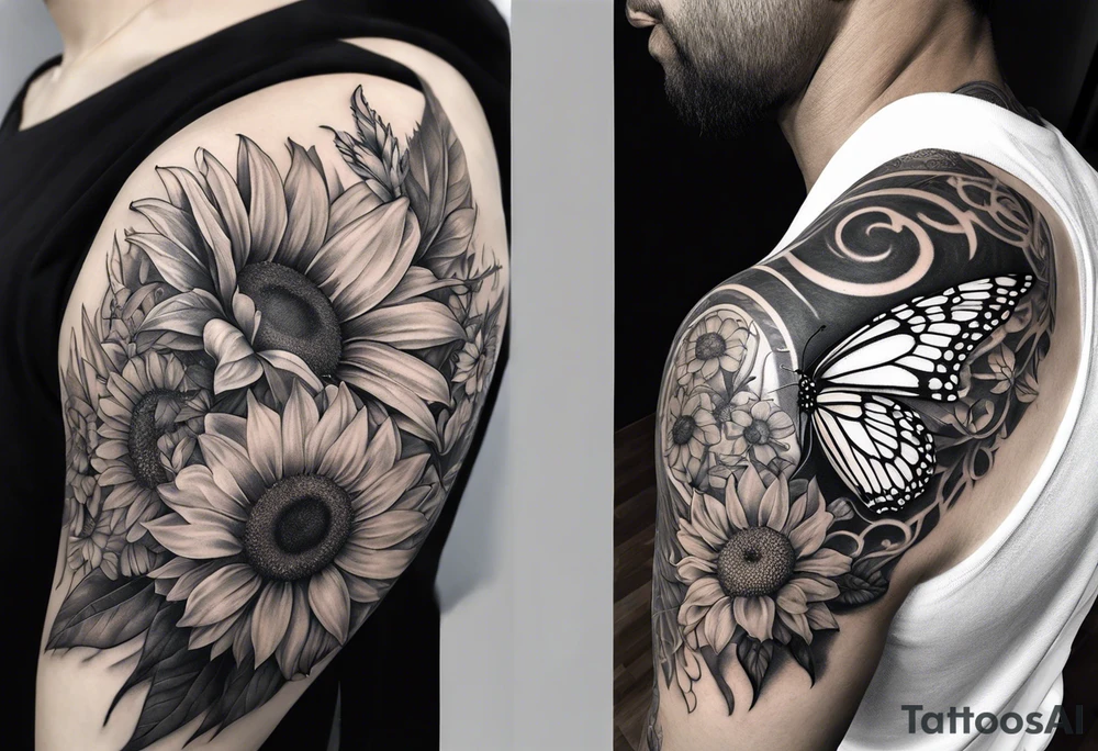 Sleeve with angel wings, sunflower and butterfly tattoo idea