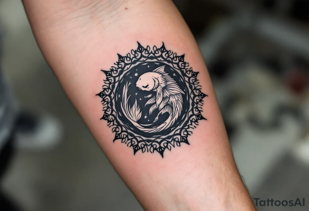 Catfish in a Mandala – A catfish curled within a black and gray mandala, symbolizing balance, persistence, and adaptability. tattoo idea