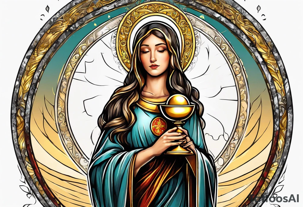 holy saint woman turned away with golden halo holding a chalice tattoo idea