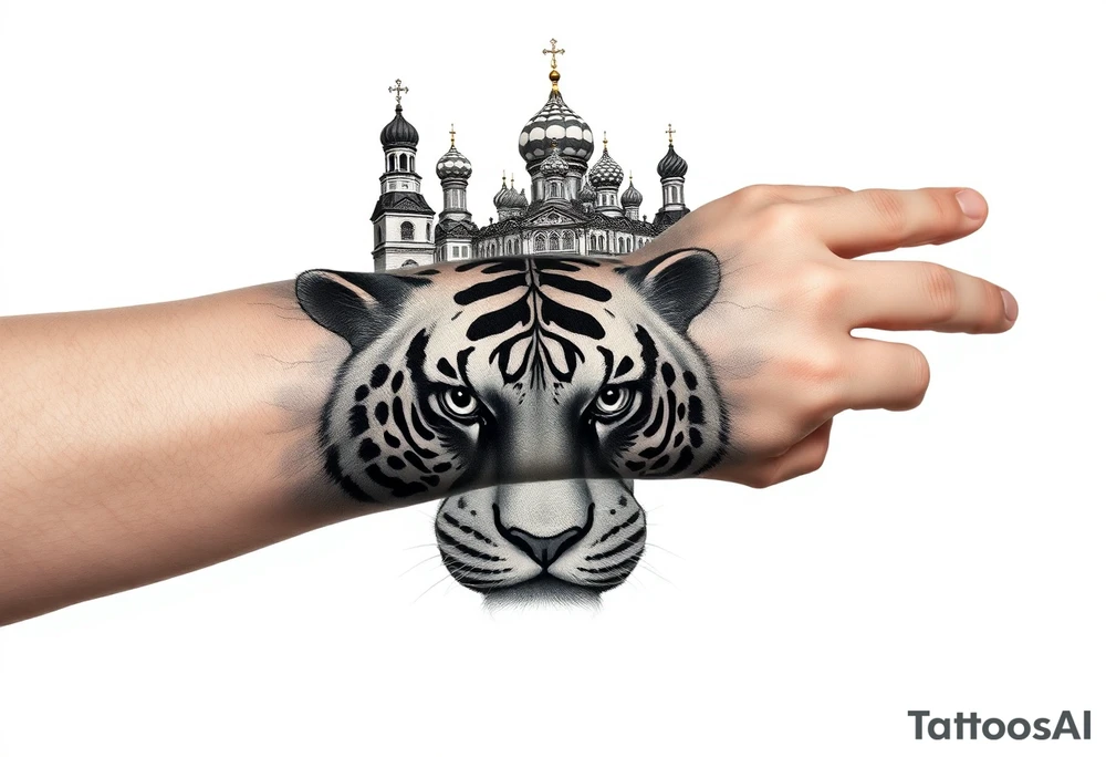 Realistic tiger face on the back of the hand with strong contrast and fine detail with all black eyes. then a highly detailed Russian Orthodox cathedral sitting above on the top fore arm with onion domes and orthodox crosses, done in fine line, engraving-like style. Cohesive composition, black ink only, no color, high contrast, slightly aged, documentary-style, plain light background. with clouds above and a virgin mary tattoo idea