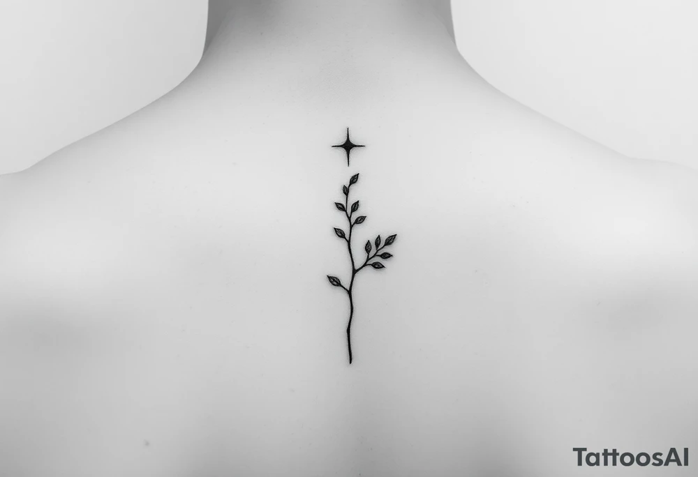 Tatouage minimaliste fine line noir, placement intérieur de l'avant-bras. Composition verticale élégante et discrète. Un petit sablier géométrique représente "Memento Mori". Une branche fine porte cinq petites feuilles symbolisant un homme, une femme, une fille et deux chats. Au-dessus de la branche, une étoile solitaire représente un enfant disparu mais toujours présent. Une légère fissure réparée dans la ligne centrale symbolise la résilience. Style épuré, intemporel, spirituel, lignes fines, peu d'encre, aucun remplissage noir massif, design harmonieux et émotionnel. tattoo idea