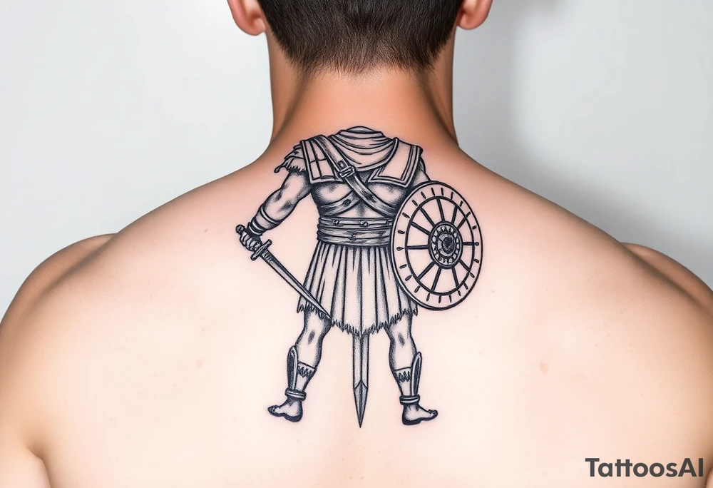 gladiator standing facing the arena short sword in hand shield in the other hand tattoo idea