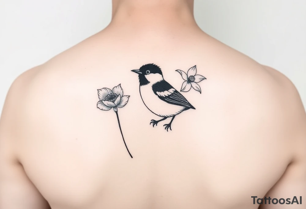 Small fantail bird with a poppy and a daffodil piwakaka tattoo idea