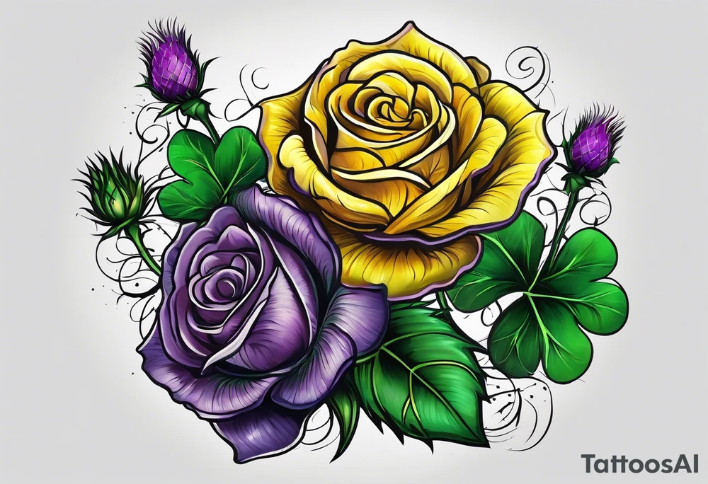 Yellow rose, purple thistle, and green shamrock with lettering KND tattoo idea