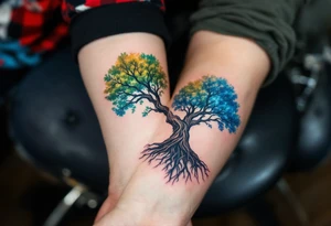 Father and kid share a vibrant blue and green tree of life tattoo representing growth and connection. tattoo idea