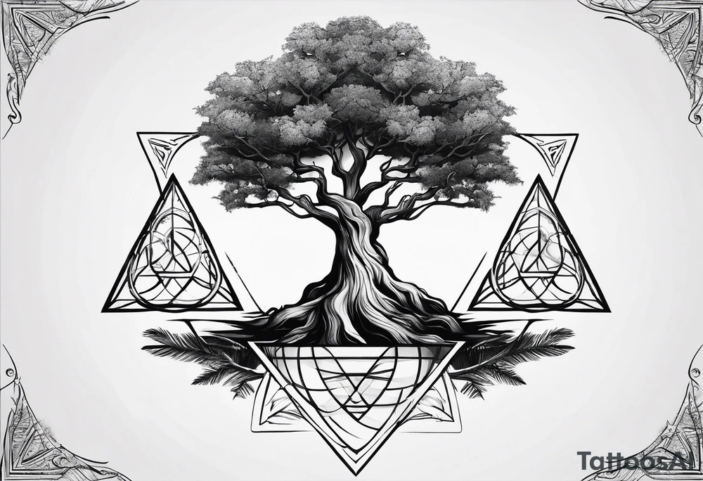 minimalistic Yggdrasil tree with 3 triangles set behind it tattoo idea