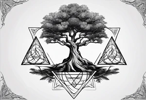 minimalistic Yggdrasil tree with 3 triangles set behind it tattoo idea