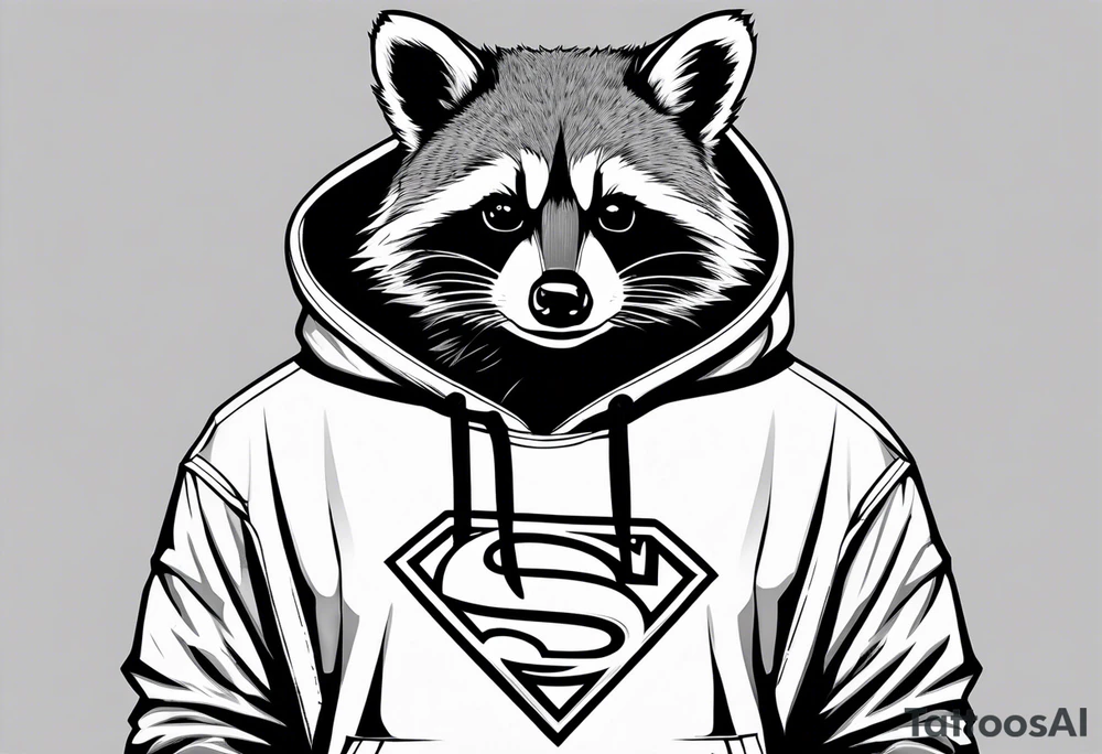 raccoon wearing a Superman hoodie tattoo idea
