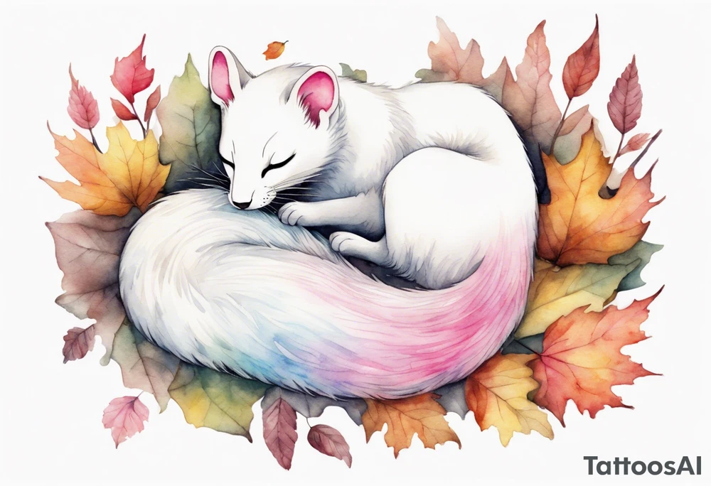 watercolor of an ermine with rainbow fur and pink ears sleeping in the autumn forest tattoo idea