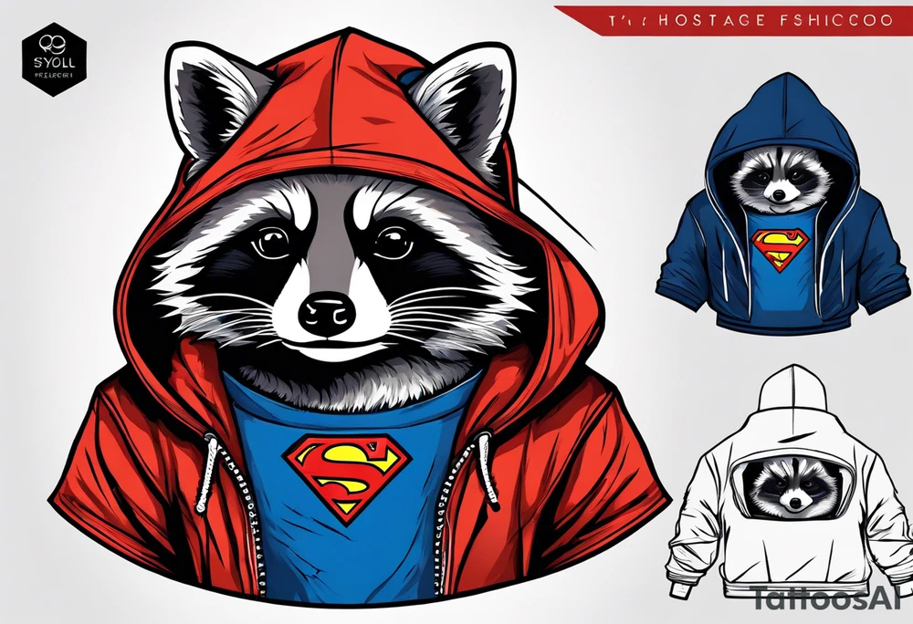 raccoon wearing a Superman hoodie tattoo idea