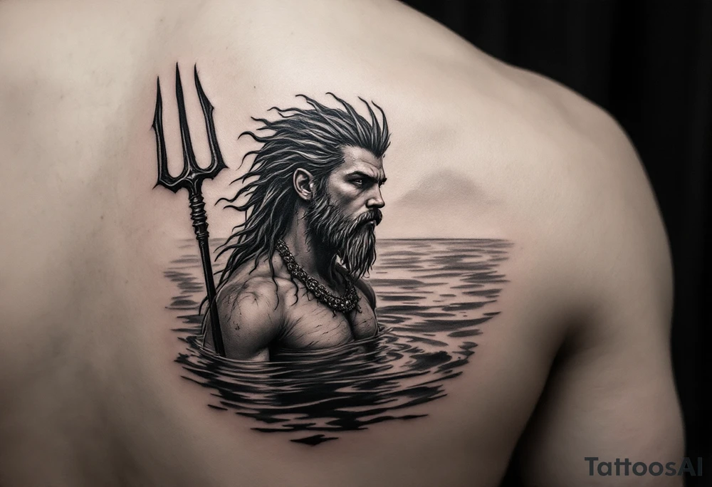 young poseidon, with trident, in water, looking at the horizon tattoo idea