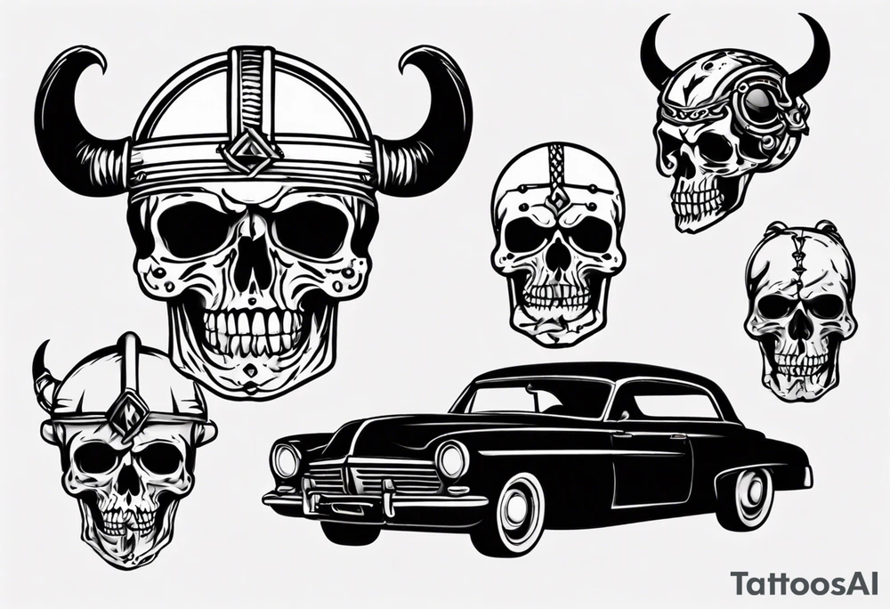 Viking skeleton head and old car tattoo idea