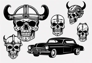 Viking skeleton head and old car tattoo idea
