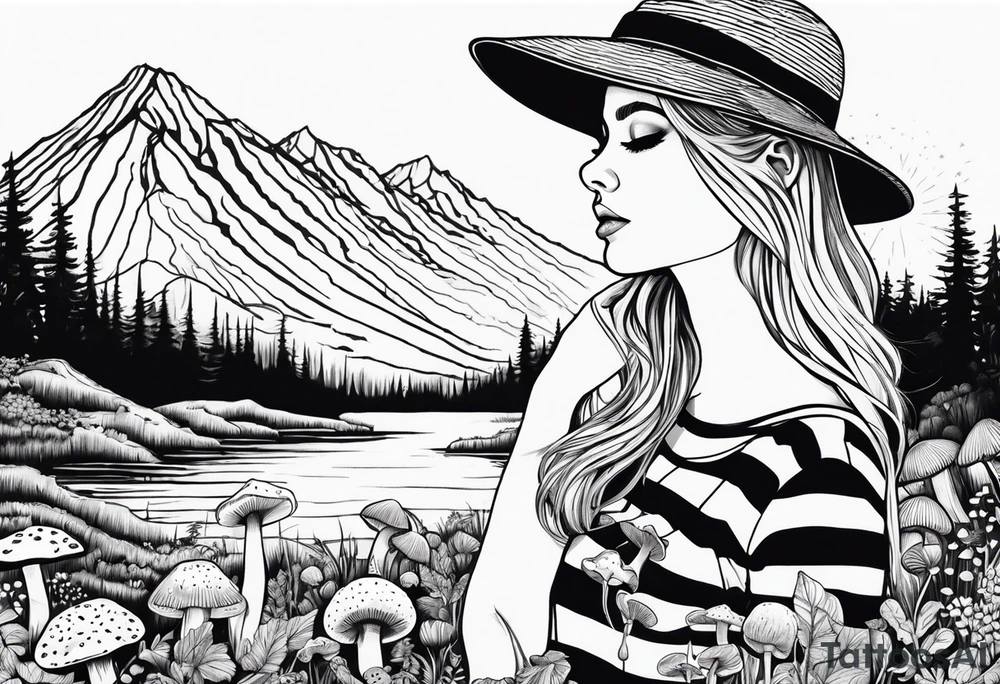 Straight blonde hair girl holding mushrooms in hand facing away toward mountains surrounded by mushrooms circular design black and white striped dress tattoo idea