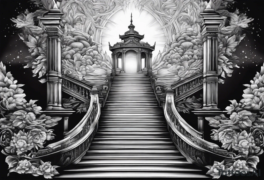 Staircase that goes up to heaven and ends at the gates of heaven. at the end there is a bright light tattoo idea
