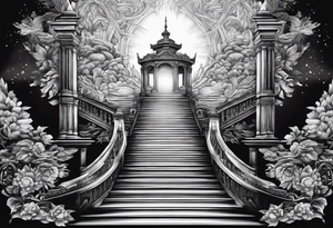 Staircase that goes up to heaven and ends at the gates of heaven. at the end there is a bright light tattoo idea