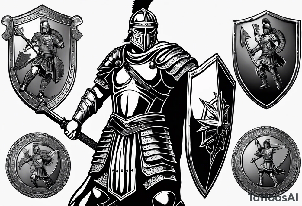 high quality black and white illustration, full body image, a strong tall roman centurion, wearing armour, wearing a belt, wearing a metal breastplate, holding a large shield, wearing a helmet, holding a sword. Flaming arrows are being fired at the centurion, he is blocking the arrows with his shield tattoo idea
