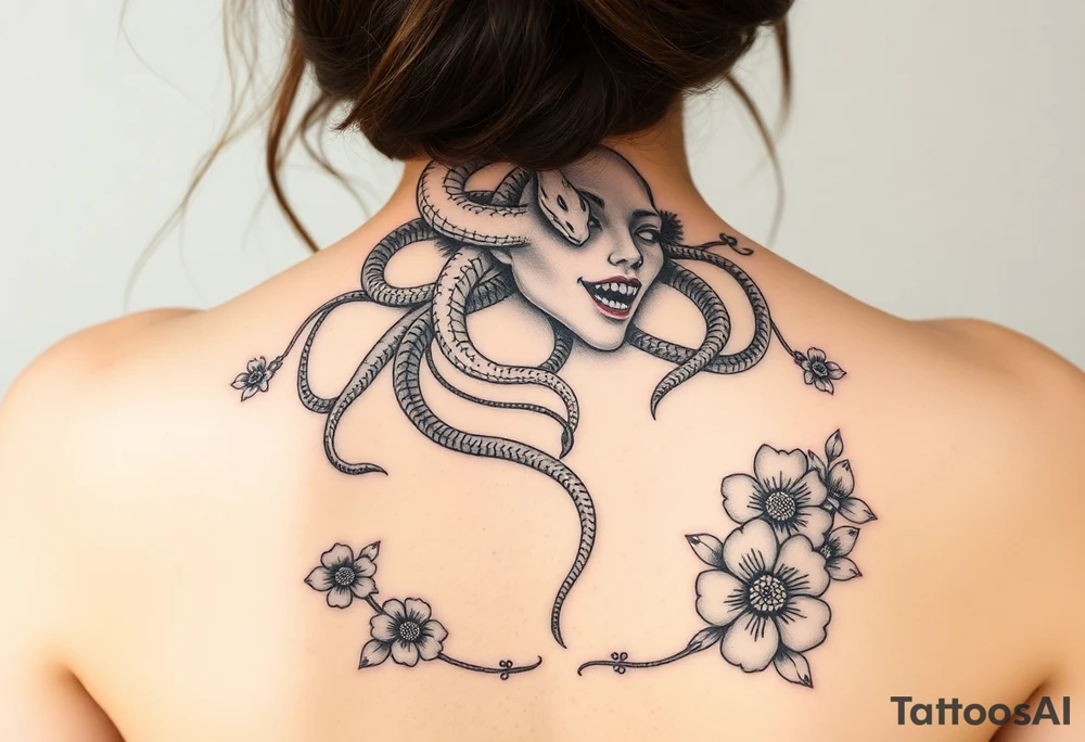 Scary medusa  with snakes coming out of her head with flowers tattoo idea