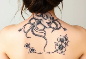 Scary medusa  with snakes coming out of her head with flowers tattoo idea