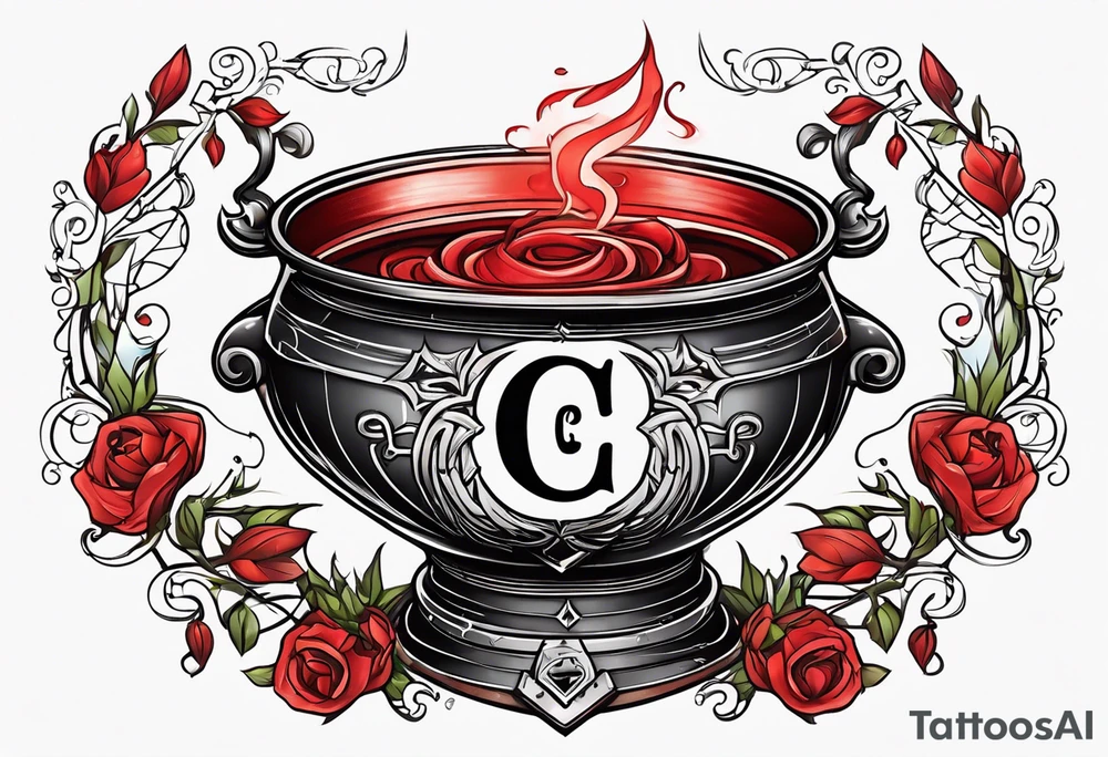 red cauldron with letter c in tattoo idea