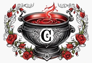 red cauldron with letter c in tattoo idea