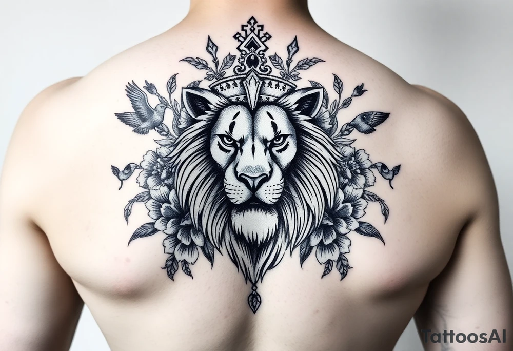 powerful majestic lion with a crown, surrounded by floral ornaments and birds tattoo idea