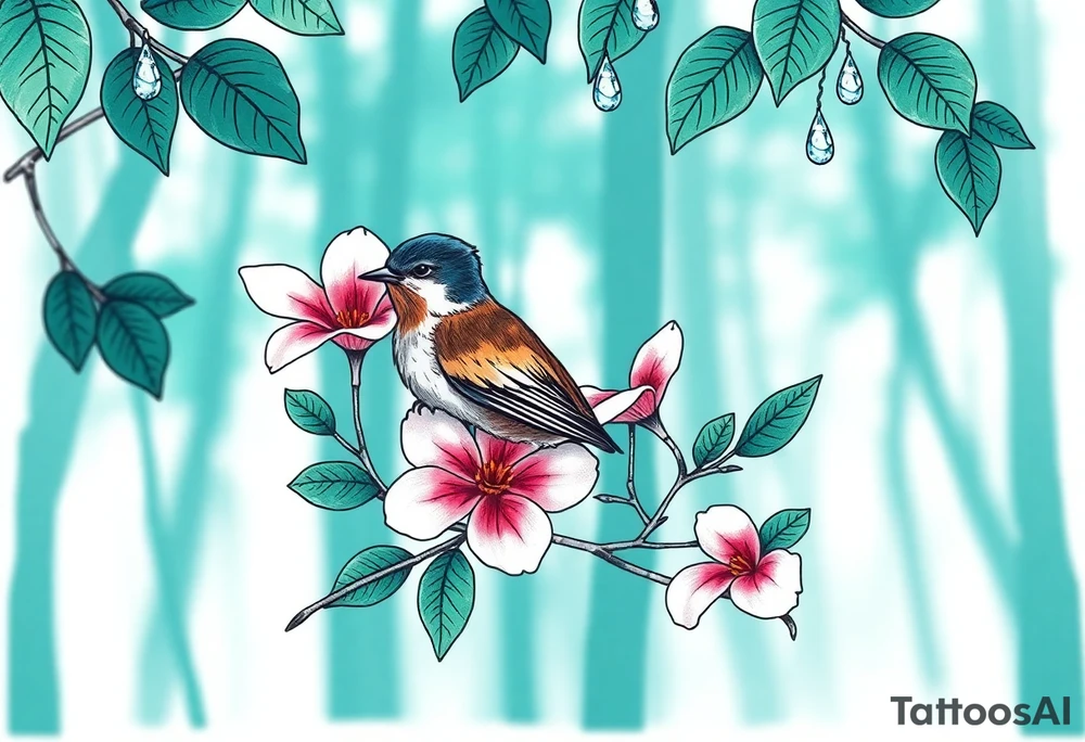 green forest background
blue rain drops
pink camelia flower
blue brown wren bird tattoo idea